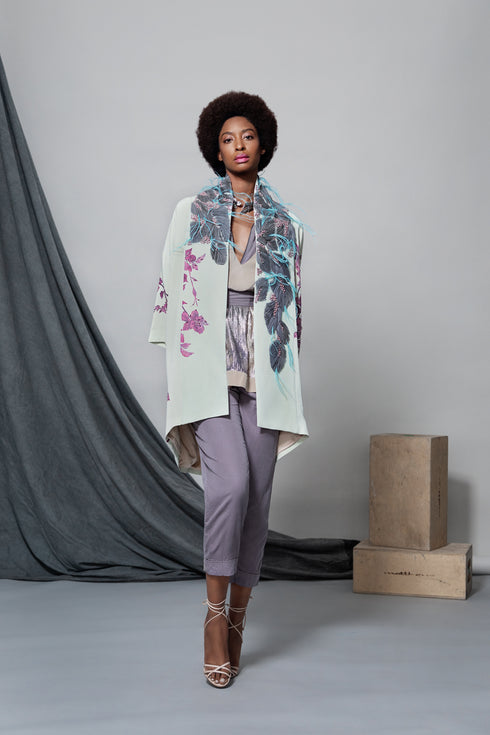 Purple Flower and Feather Kimono